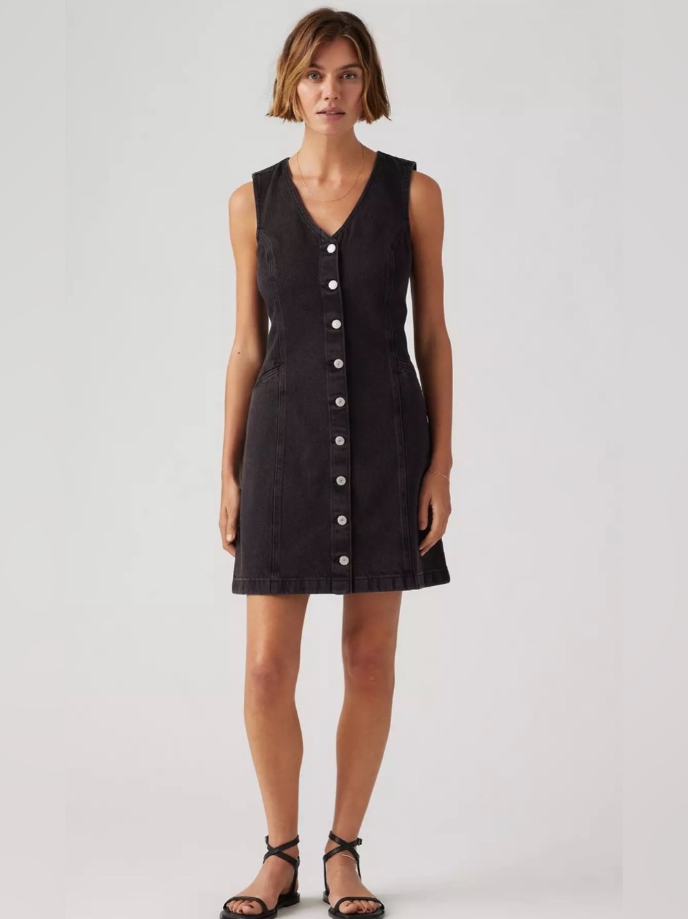 Levi's|Vianna vest mini denim black dress, Sleeveless Button-Front Mini Dress•••